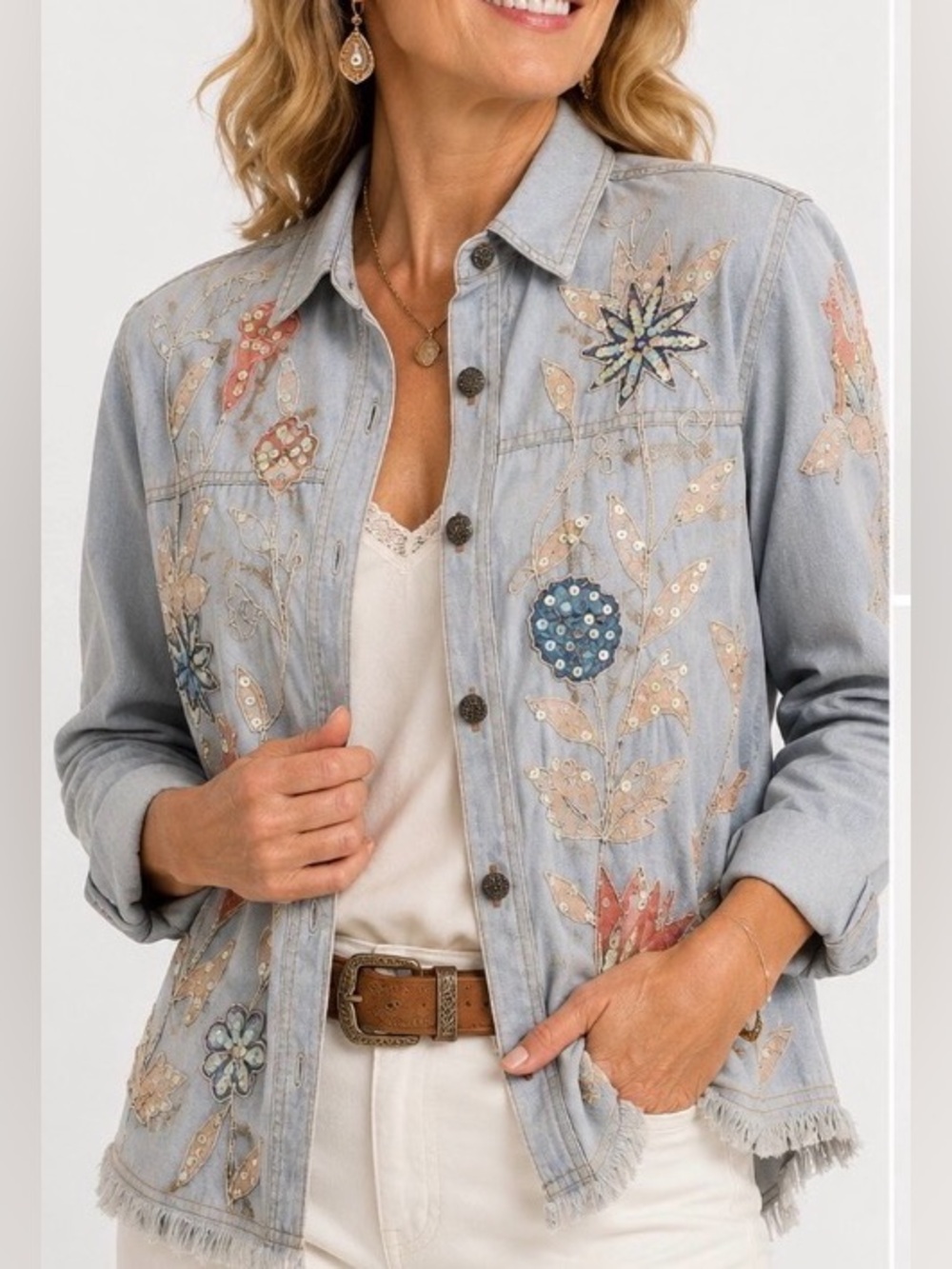 Embroidered Sequin Denim Button Down